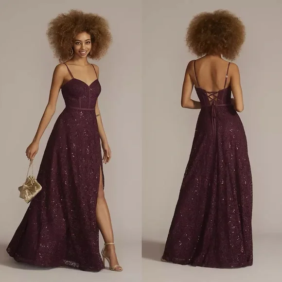 NEW David’s Bridal Jules and Cleo Sparkle Lace Dress with Corset Bodice Wine Red - Picture 12 of 12